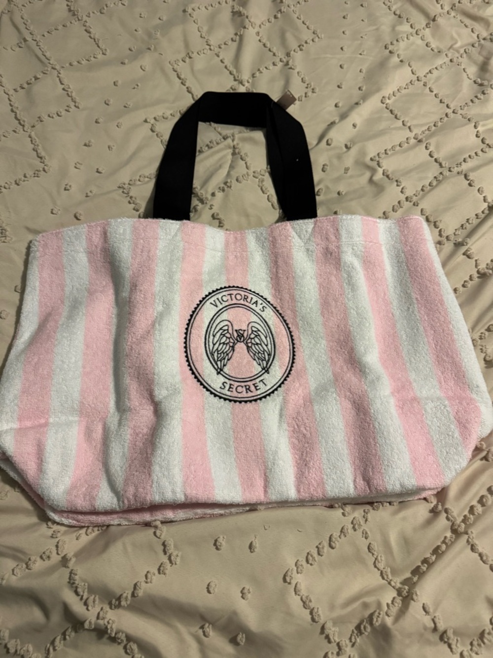 Victoria's Secret Pink and White Striped Terry Tote with Black Handles